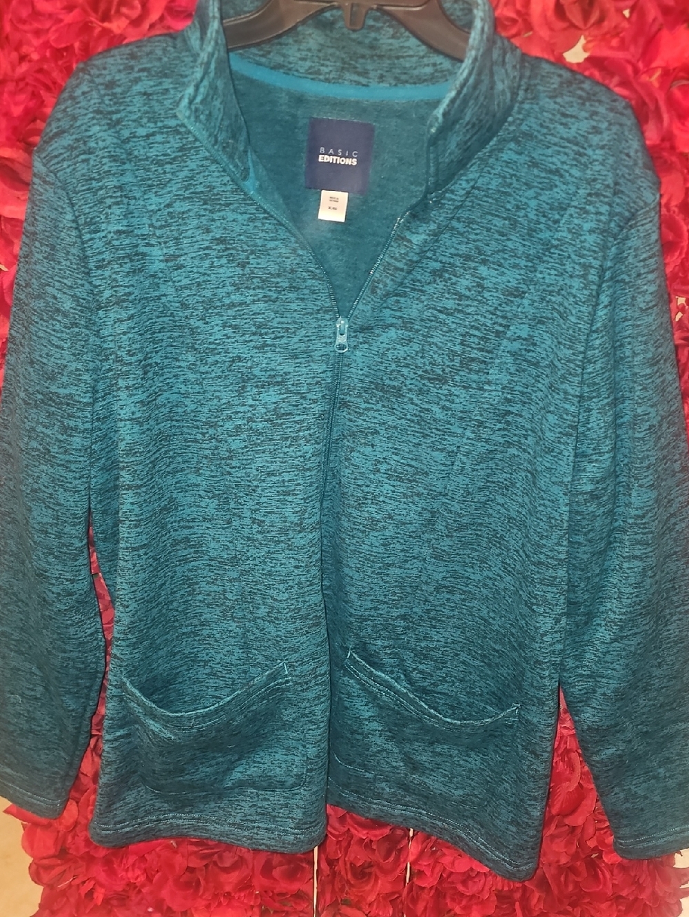 Basic Editions Women's Teal Marled Full Zip Pocketed Sweatshirt Size Xlarge
